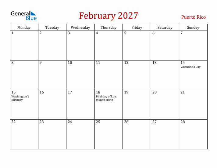 Puerto Rico February 2027 Calendar - Monday Start