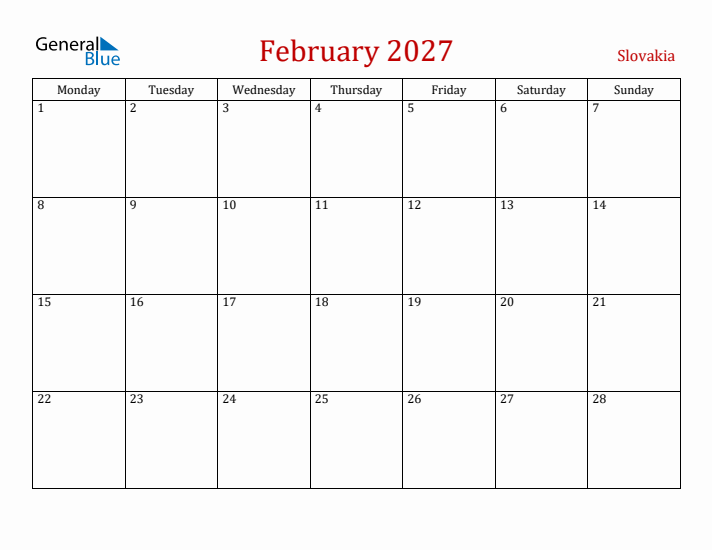 Slovakia February 2027 Calendar - Monday Start