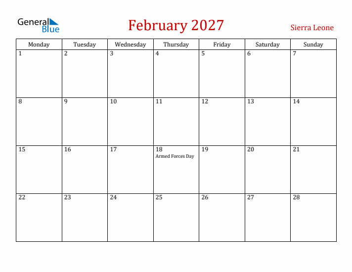 Sierra Leone February 2027 Calendar - Monday Start