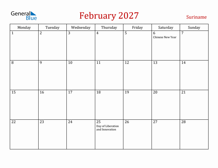 Suriname February 2027 Calendar - Monday Start