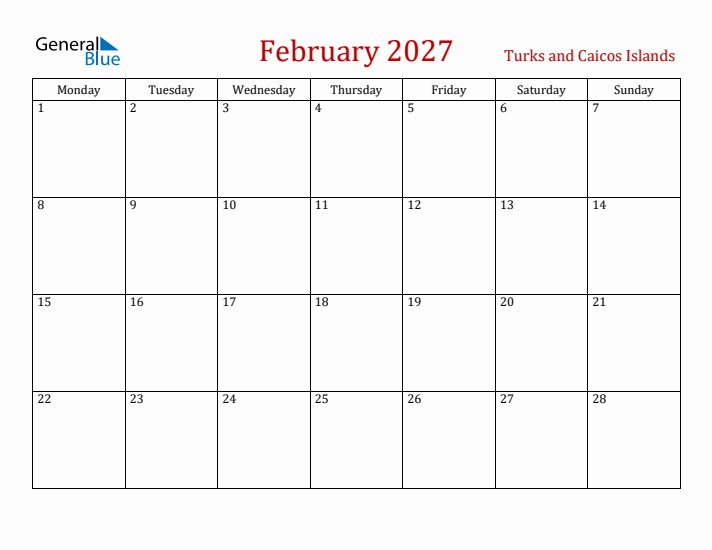 Turks and Caicos Islands February 2027 Calendar - Monday Start