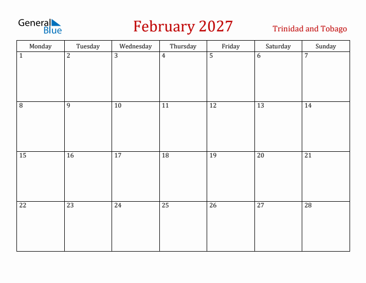 Trinidad and Tobago February 2027 Calendar - Monday Start