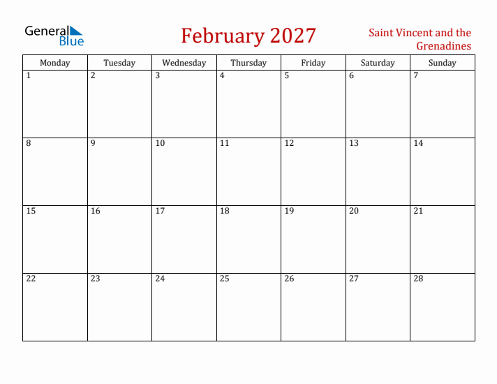 Saint Vincent and the Grenadines February 2027 Calendar - Monday Start
