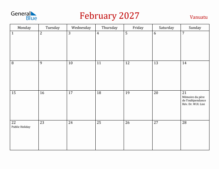 Vanuatu February 2027 Calendar - Monday Start