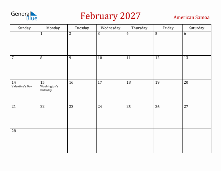 American Samoa February 2027 Calendar - Sunday Start