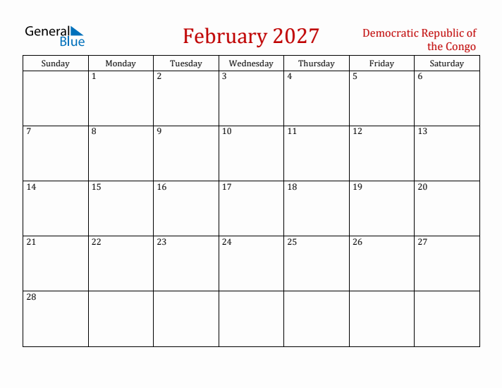 Democratic Republic of the Congo February 2027 Calendar - Sunday Start