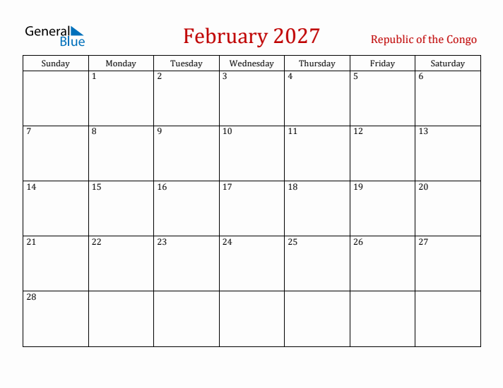 Republic of the Congo February 2027 Calendar - Sunday Start