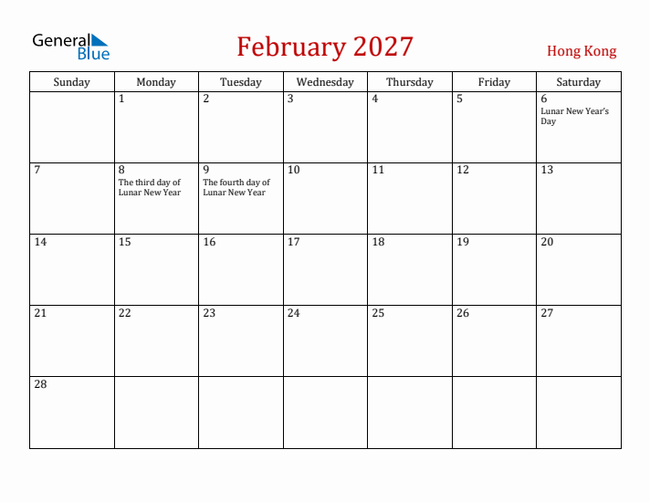 Hong Kong February 2027 Calendar - Sunday Start