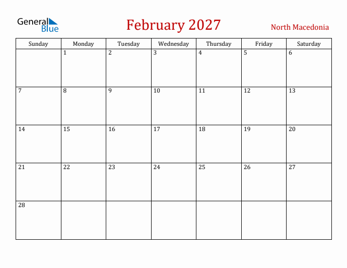 North Macedonia February 2027 Calendar - Sunday Start