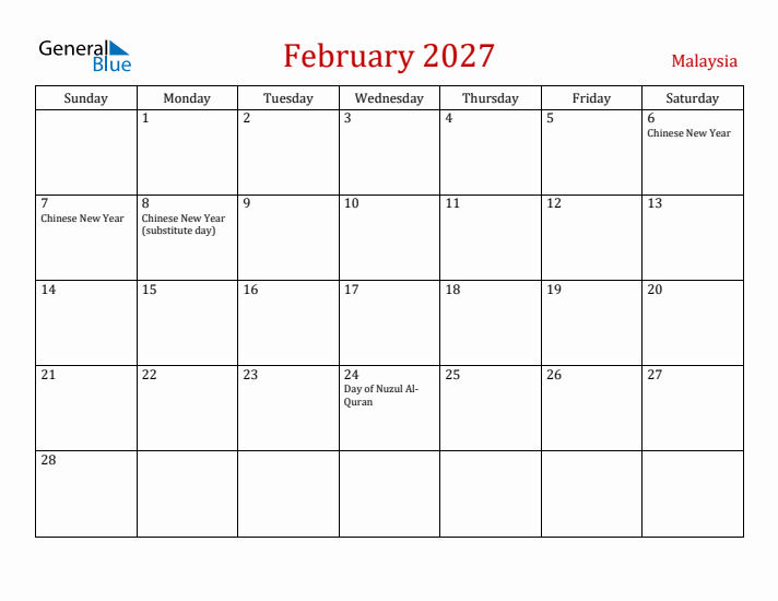 Malaysia February 2027 Calendar - Sunday Start