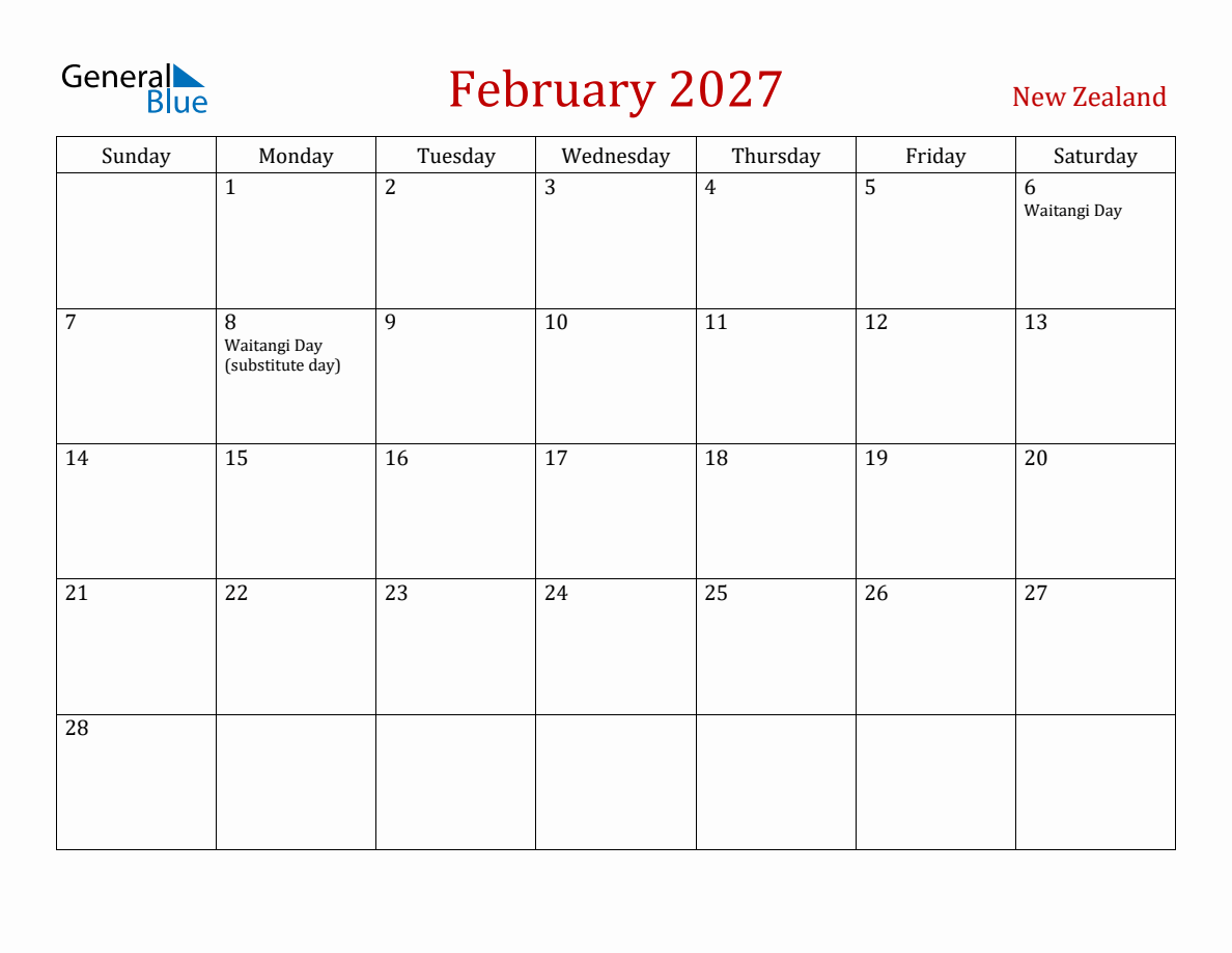 February 2027 New Zealand Monthly Calendar with Holidays