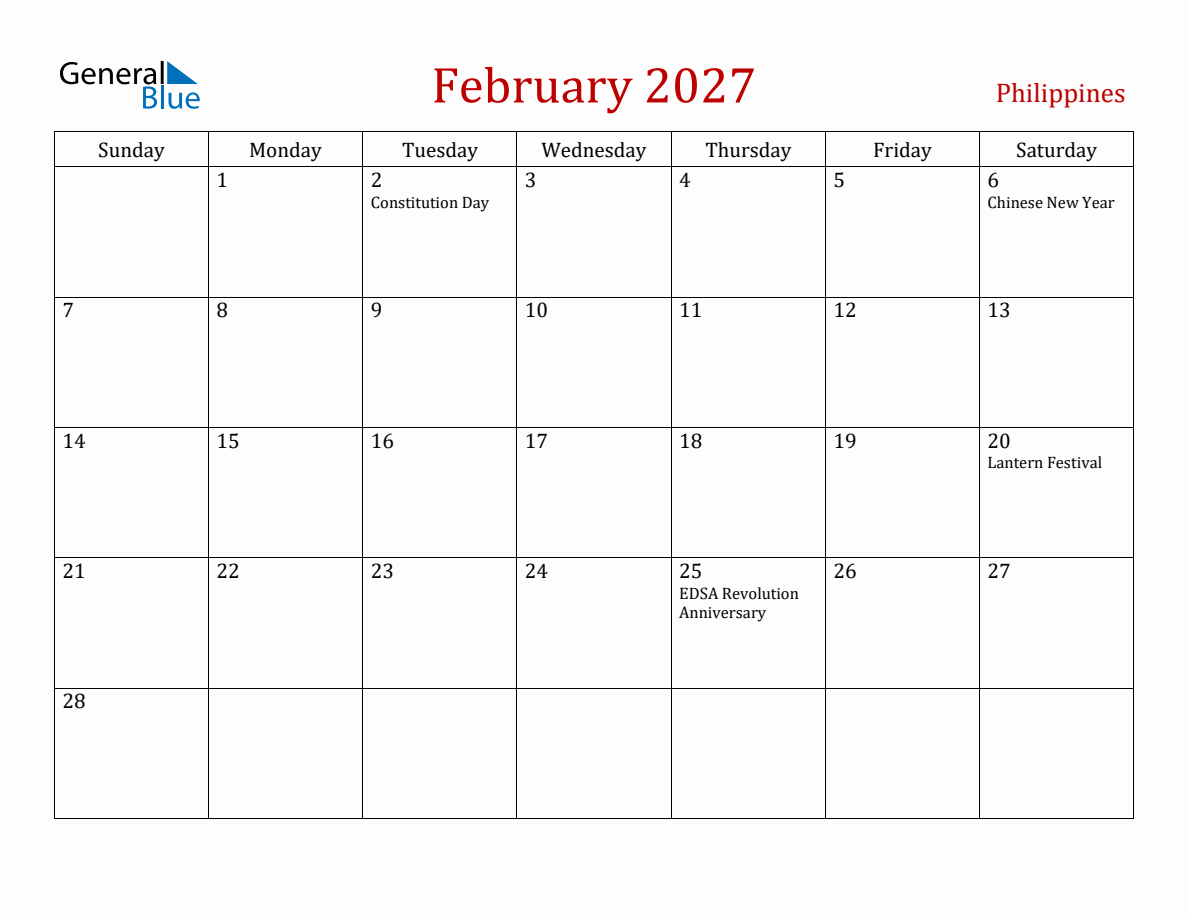 February 2027 Philippines Monthly Calendar with Holidays