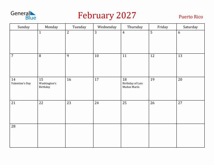 Puerto Rico February 2027 Calendar - Sunday Start