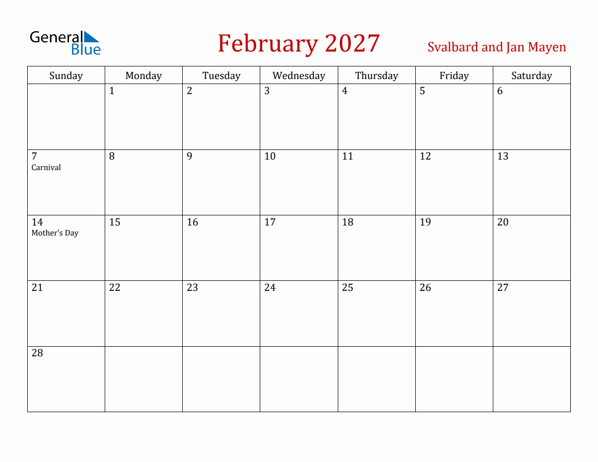 February 2027 Svalbard and Jan Mayen Monthly Calendar with Holidays