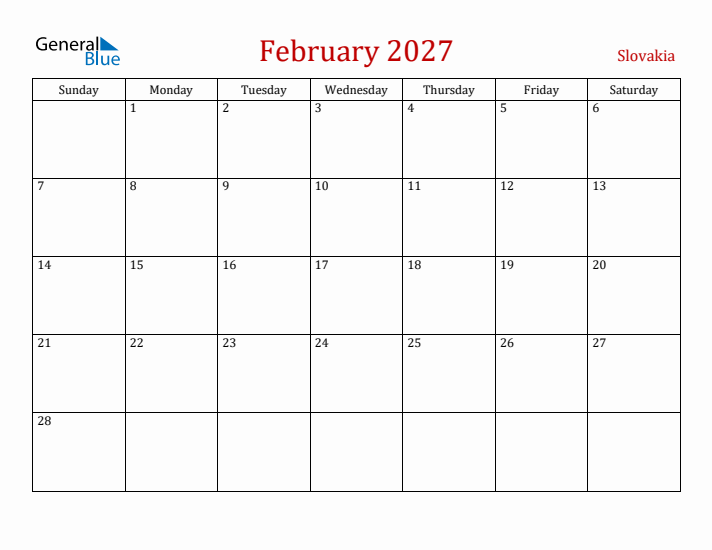 Slovakia February 2027 Calendar - Sunday Start