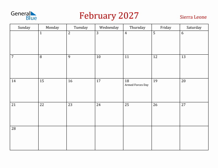 Sierra Leone February 2027 Calendar - Sunday Start