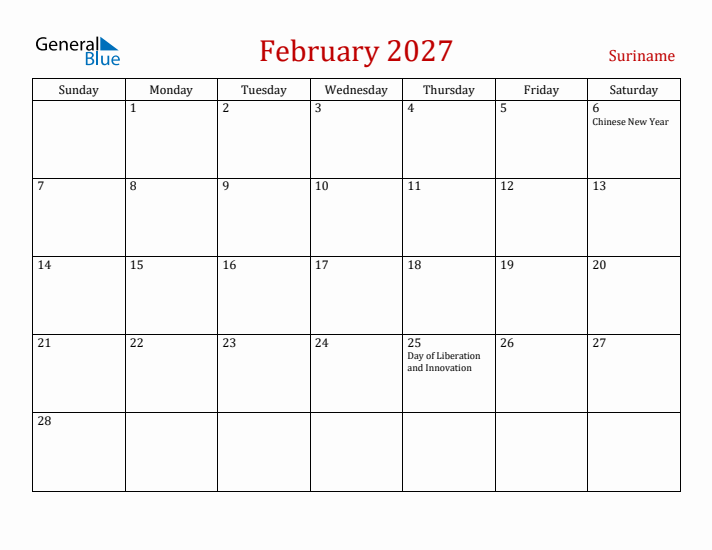 Suriname February 2027 Calendar - Sunday Start