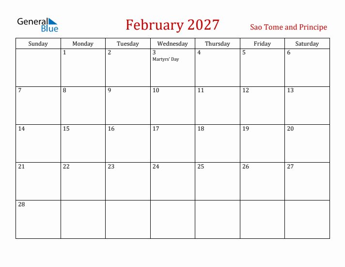 Sao Tome and Principe February 2027 Calendar - Sunday Start