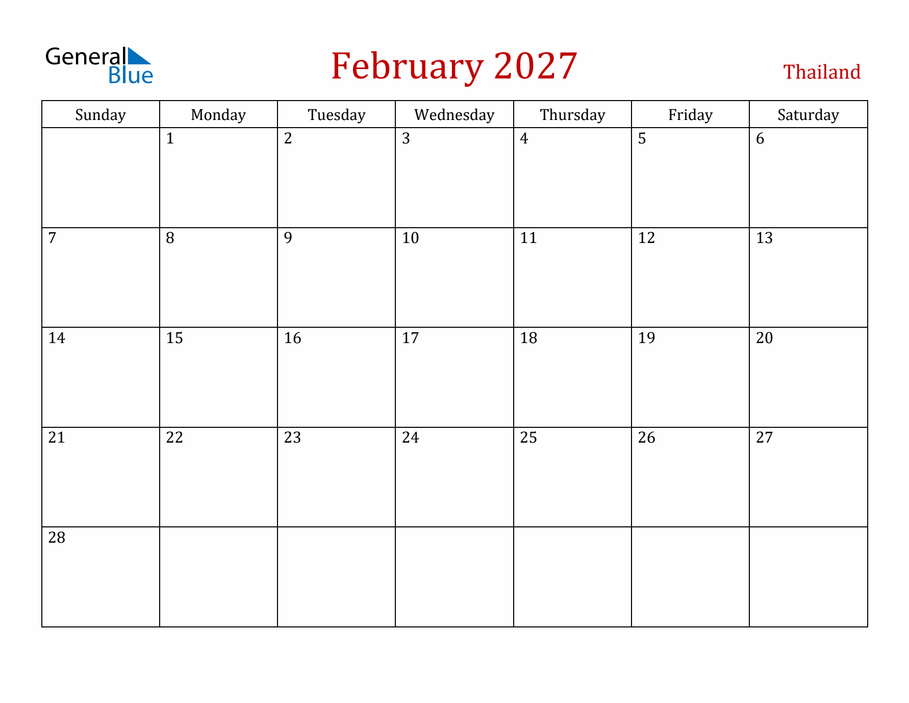 Thailand February 2027 Calendar - Sunday Start