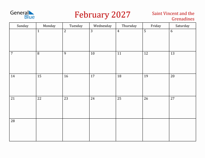 Saint Vincent and the Grenadines February 2027 Calendar - Sunday Start