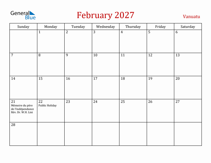 Vanuatu February 2027 Calendar - Sunday Start