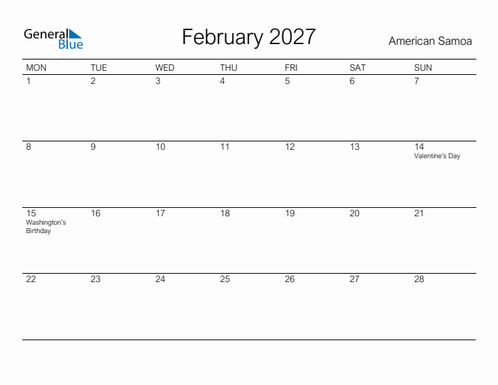 Printable February 2027 Calendar for American Samoa