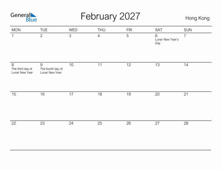 Printable February 2027 Calendar for Hong Kong