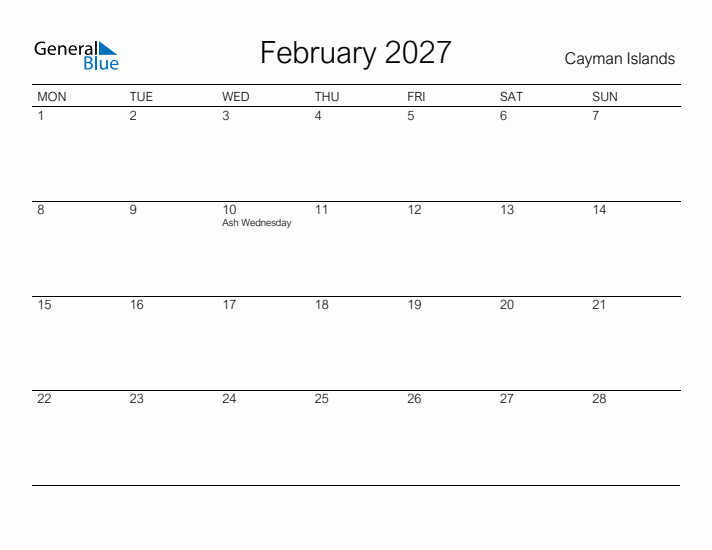 Printable February 2027 Calendar for Cayman Islands