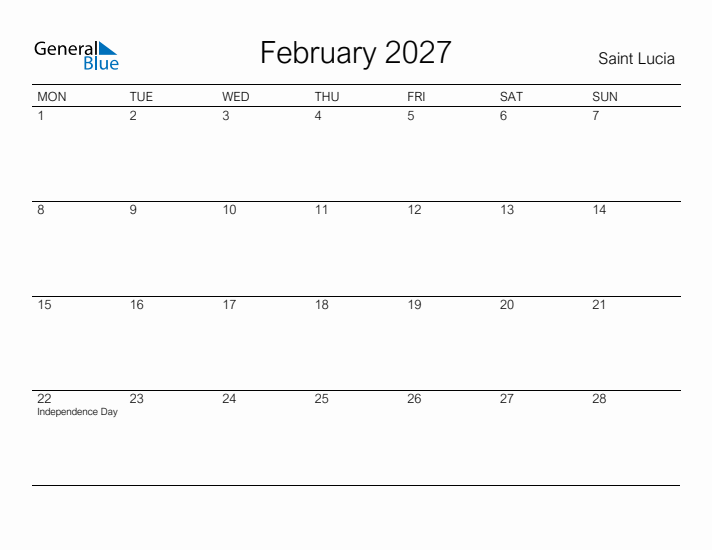 Printable February 2027 Calendar for Saint Lucia