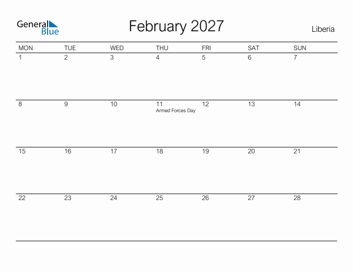Printable February 2027 Calendar for Liberia