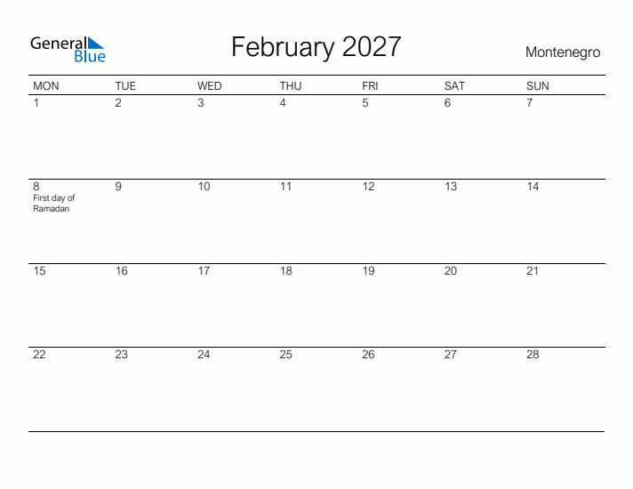 Printable February 2027 Calendar for Montenegro