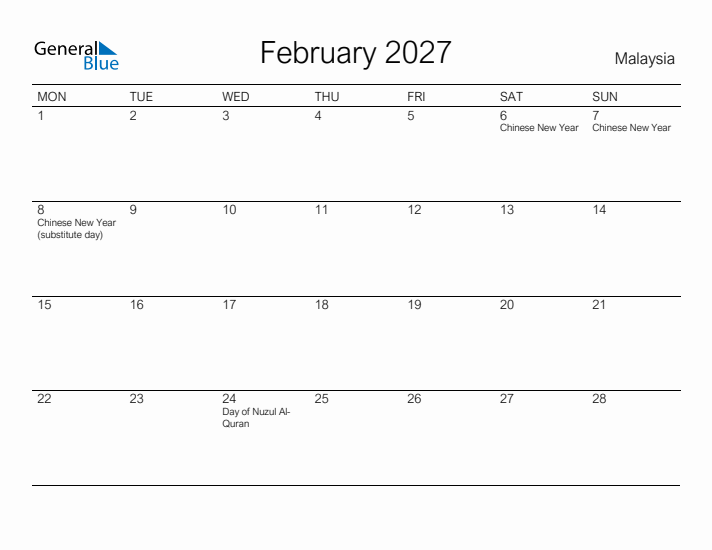 Printable February 2027 Calendar for Malaysia