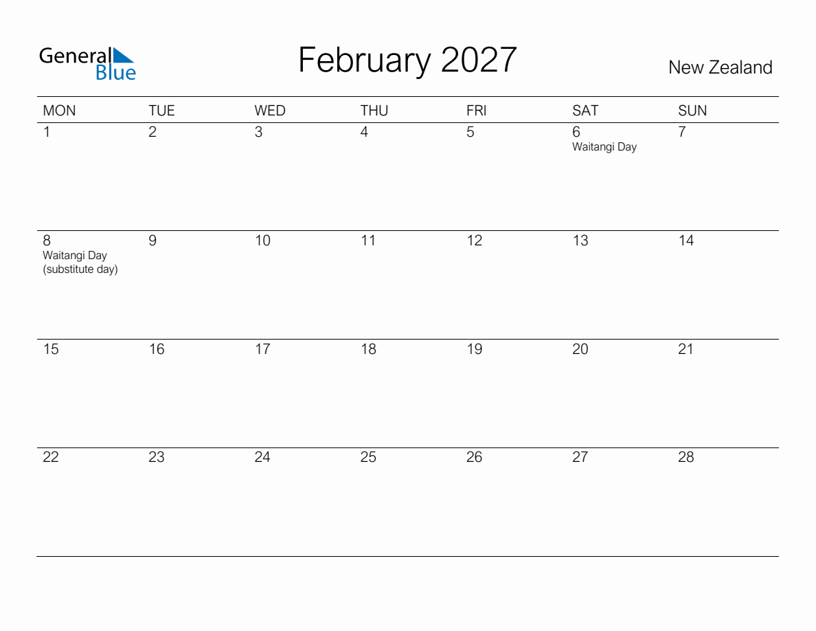 Printable February 2027 Monthly Calendar with Holidays for New Zealand ...