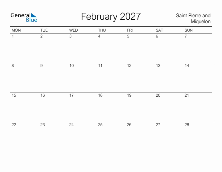 Printable February 2027 Calendar for Saint Pierre and Miquelon