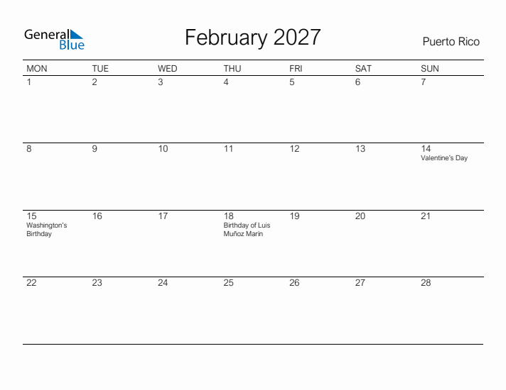 Printable February 2027 Calendar for Puerto Rico