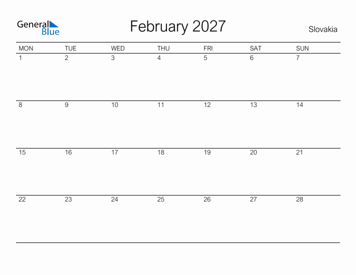 Printable February 2027 Calendar for Slovakia