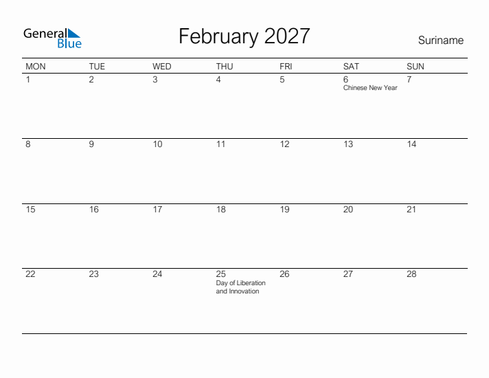 Printable February 2027 Calendar for Suriname