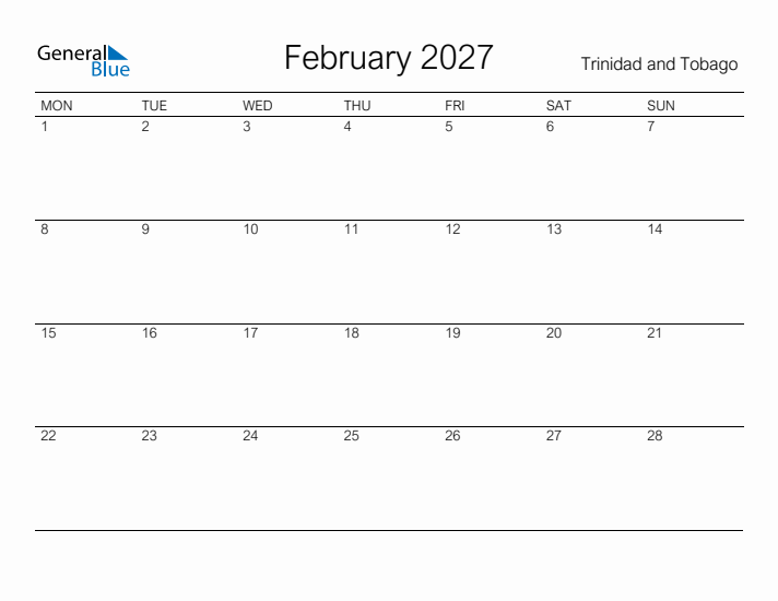 Printable February 2027 Calendar for Trinidad and Tobago