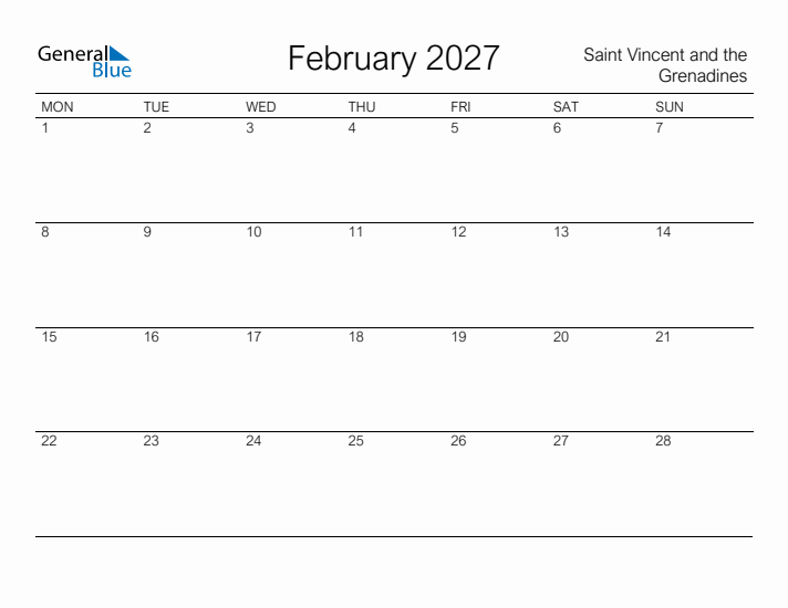 Printable February 2027 Calendar for Saint Vincent and the Grenadines