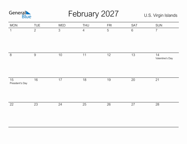 Printable February 2027 Calendar for U.S. Virgin Islands