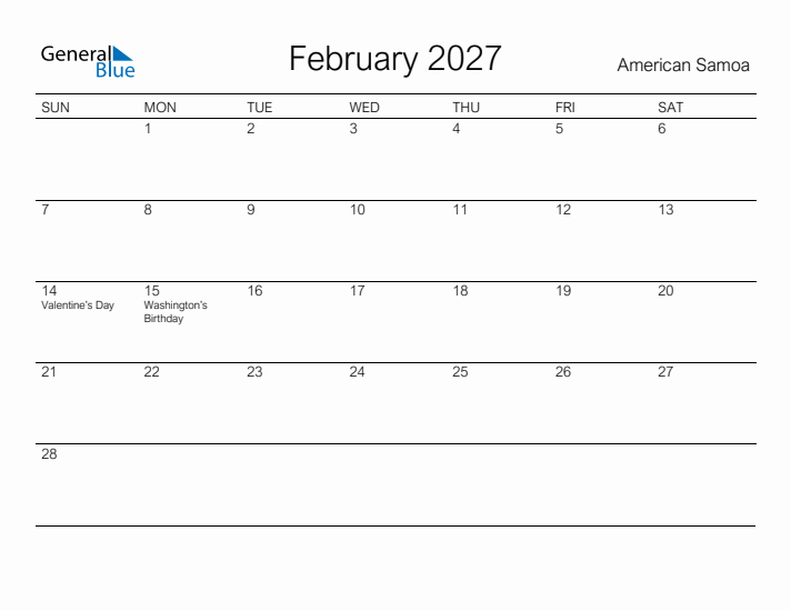 Printable February 2027 Calendar for American Samoa