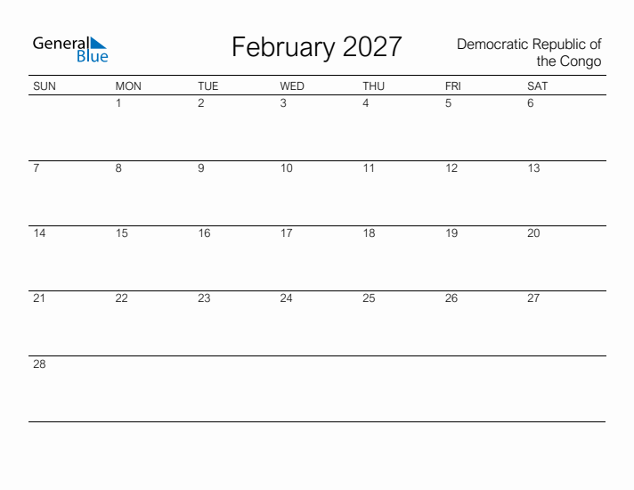 Printable February 2027 Calendar for Democratic Republic of the Congo