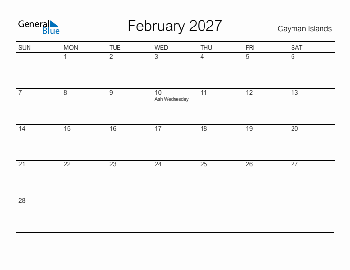 Printable February 2027 Calendar for Cayman Islands