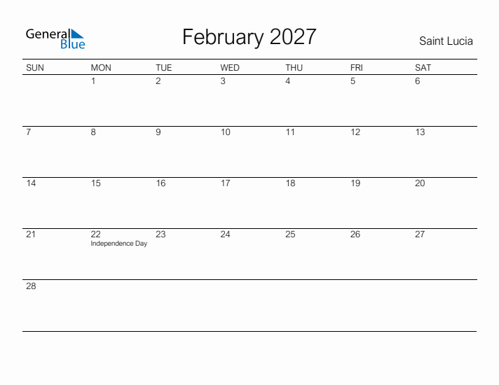Printable February 2027 Calendar for Saint Lucia