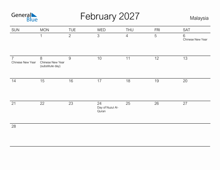 Printable February 2027 Calendar for Malaysia