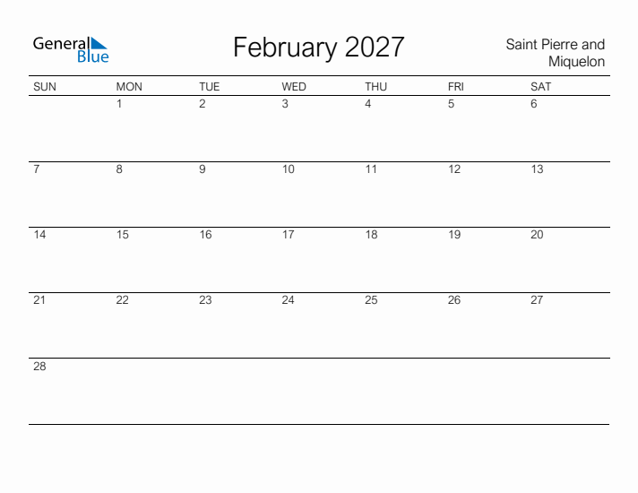 Printable February 2027 Calendar for Saint Pierre and Miquelon