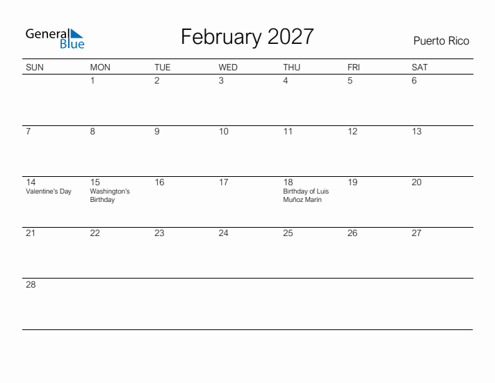 Printable February 2027 Calendar for Puerto Rico