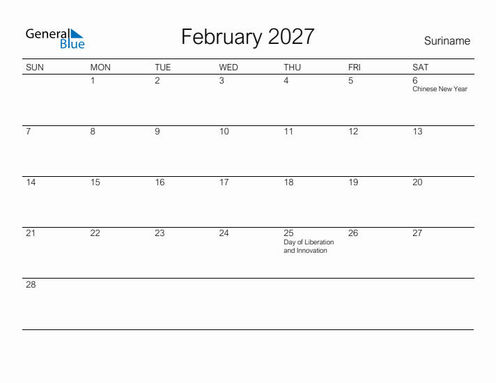 Printable February 2027 Calendar for Suriname