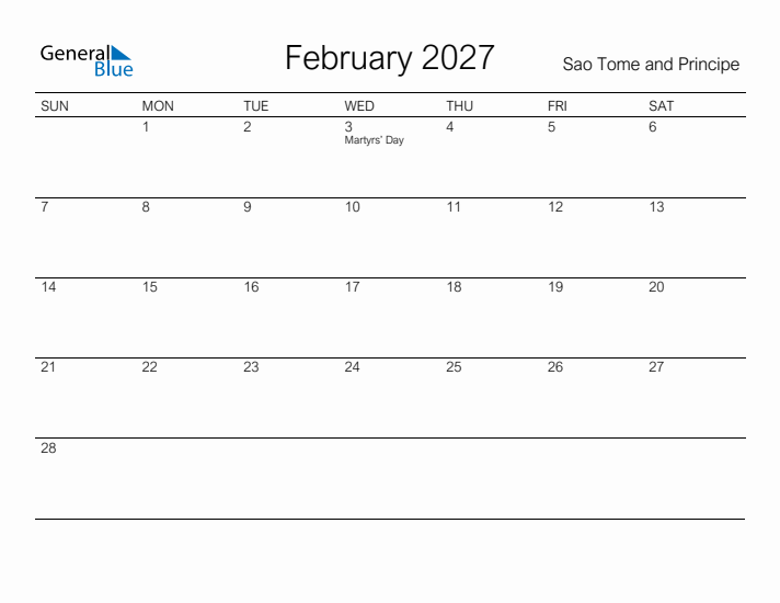 Printable February 2027 Calendar for Sao Tome and Principe