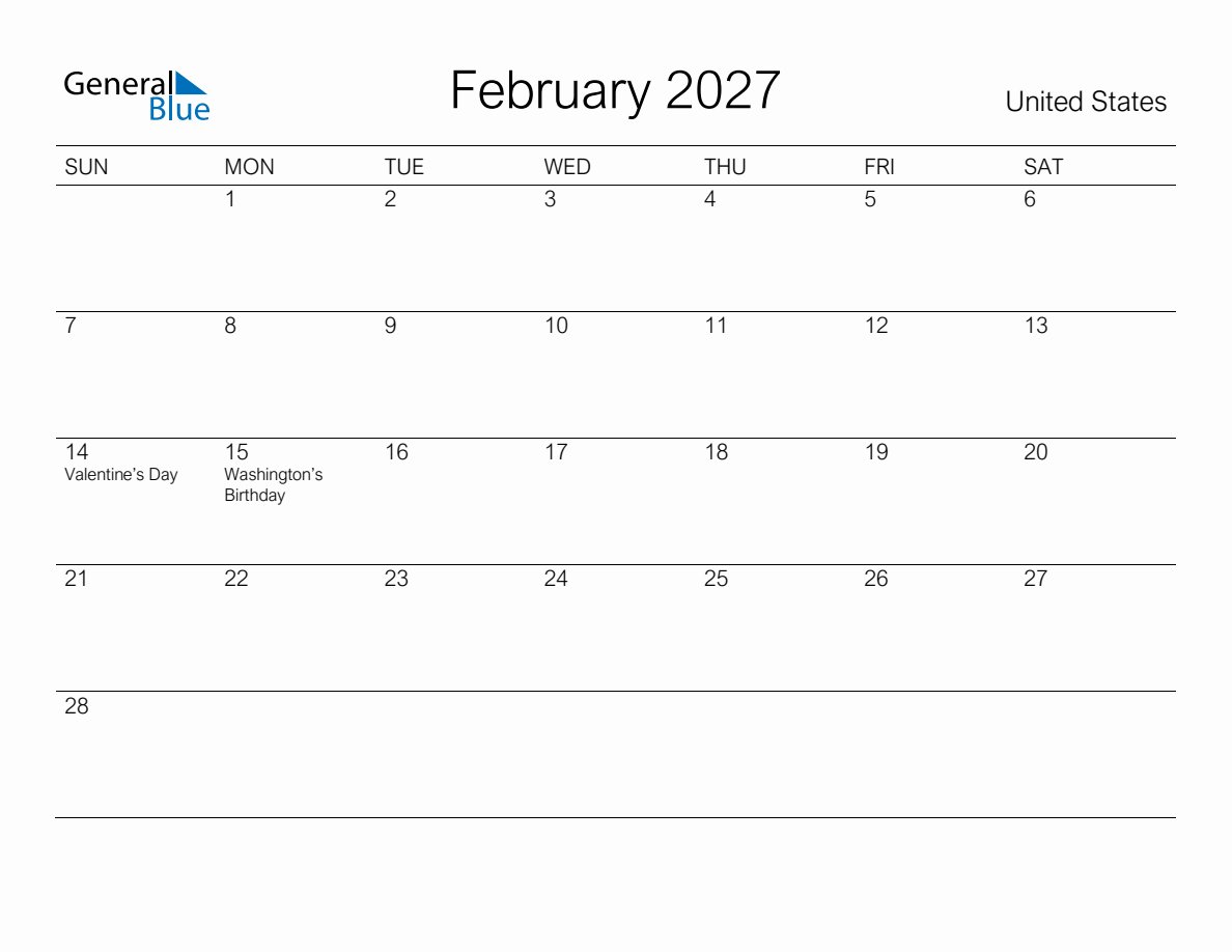 Printable February 2027 Monthly Calendar with Holidays for United States
